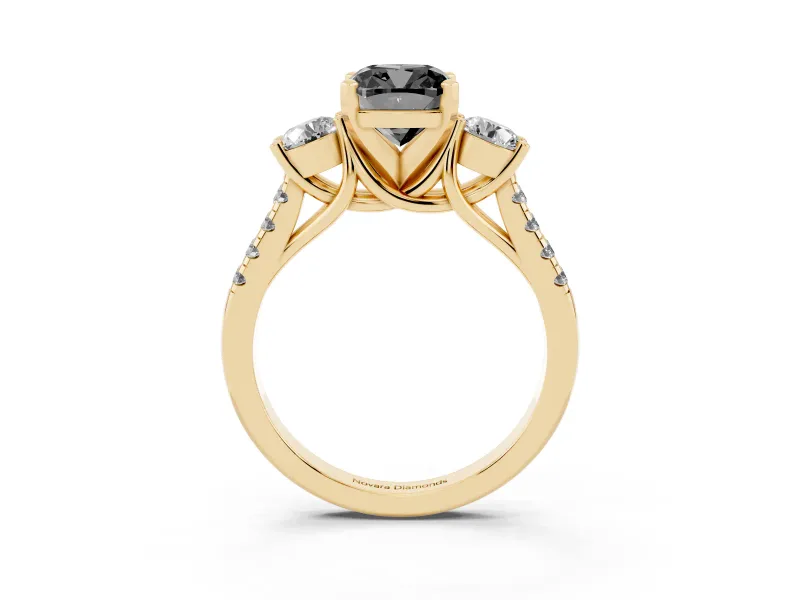 Fancy Black Three-Stone Cushion Cut Diamond Pavé Band Ring Set in Yellow gold with Prong-Set Trio