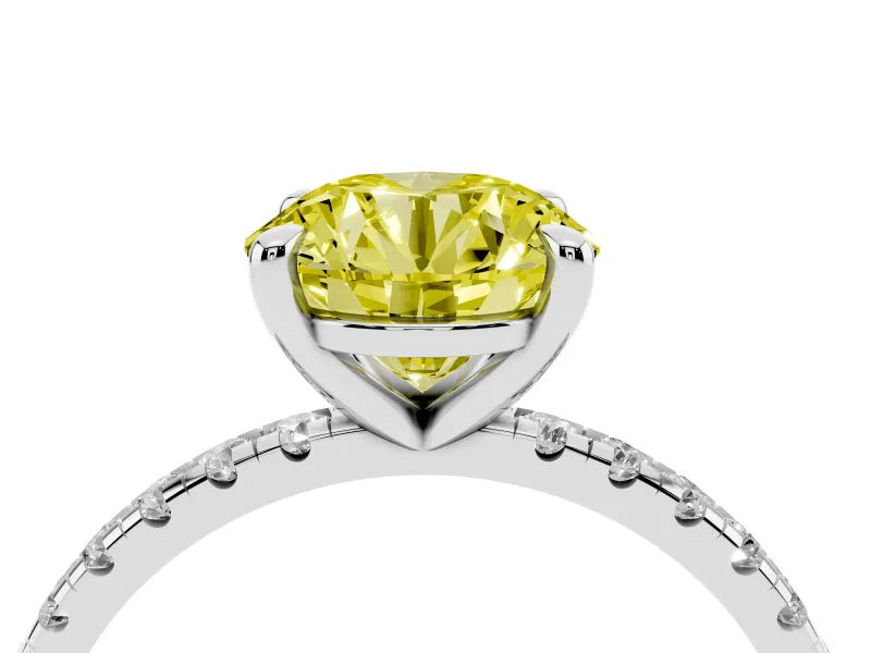 Fancy Yellow Round Cut Diamond Brilliant Solitaire Ring Set in Platinum with Pavé Band and Prong Setting
