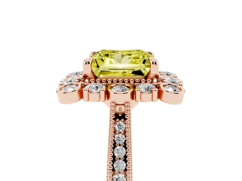 Fancy Yellow Princess Cut Diamond Halo Milgrain Pavé Ring Set in Rose gold with Prong Setting