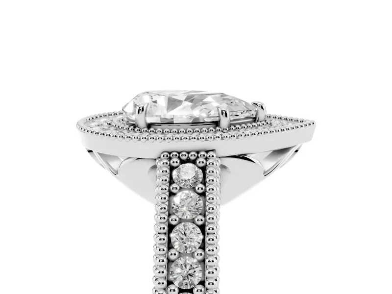 Pear Cut Diamond Halo Ring Set in Silver with Round Accent Halo, Pavé Band and Prong Setting