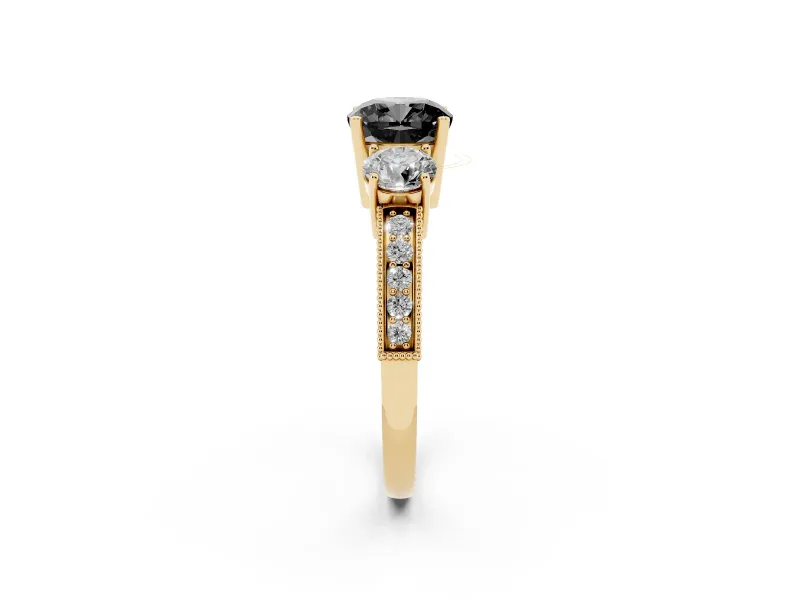 Cushion Cut Vintage Three Stone Engagement Ring Setting for a Black Center | Graduated Milgrain Pavé | Yellow Gold