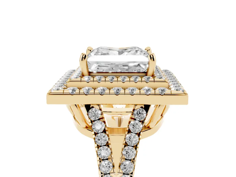 Princess Cut Double Halo Split Shank Engagement Ring Setting | Pavé Shoulders | Yellow Gold