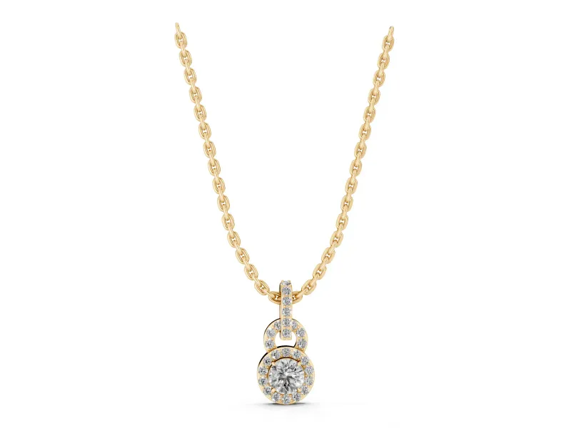 Round Lab-Grown Diamond Pavé Halo Pendant Necklace | Pavé Link and Bail | Yellow Gold