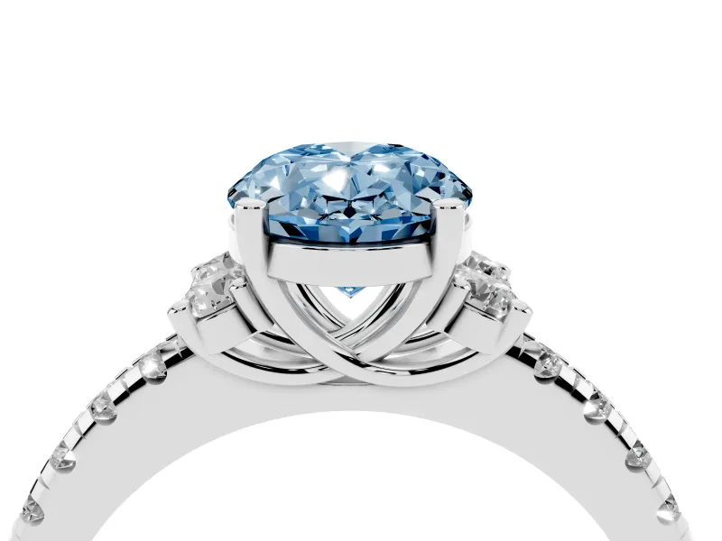 Oval Side Stone Pave Engagement Ring Setting for a Fancy Blue Lab-Grown Diamond | Paired Round Accents | Sterling Silver