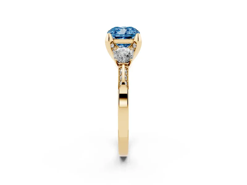 Cushion Cut Hidden Halo Three Stone Engagement Ring Setting for a Fancy Blue Lab-Grown Diamond | Yellow Gold