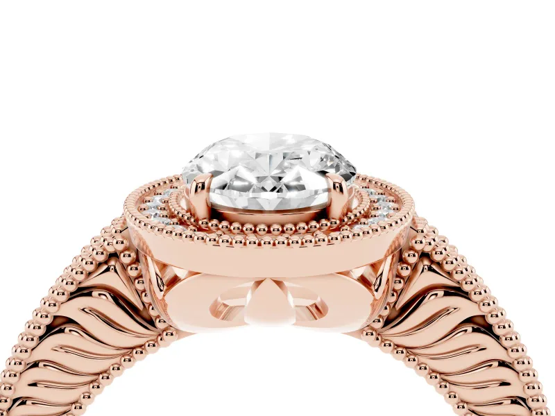 Oval Cut Diamond Halo Ring Set in Rose gold with Round Accent Halo, Pavé Band and Prong Setting