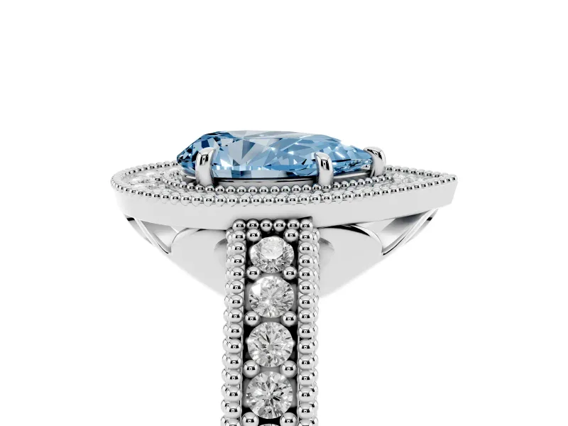 Fancy Blue Pear Cut Diamond Halo Ring Set in Platinum with Round Accent Halo, Pavé Band and Prong Setting