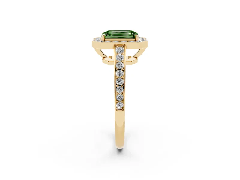 Fancy Green Emerald Cut Diamond Halo Pavé Engagement Ring Set in Yellow gold with Bezel Setting