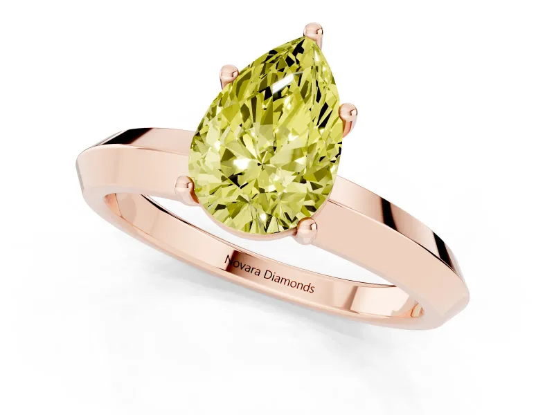 Fancy Yellow Pear Cut Diamond Solitaire Engagement Ring Set in Rose gold with Flat Band and Prong Setting