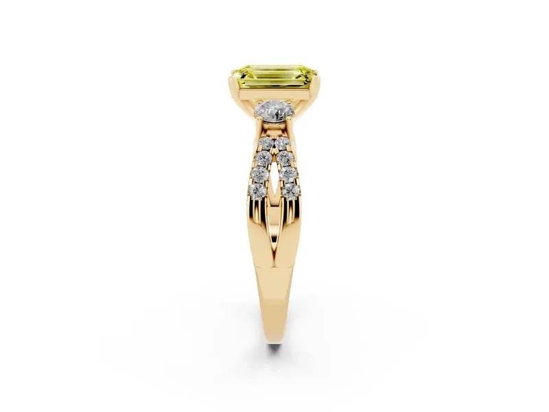 Fancy Yellow Emerald Cut Diamond Three-Stone Ring Set in Yellow gold with Pavé Split Shank and Prong Setting