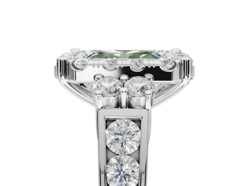 Radiant Cut Halo Engagement Ring Setting for a Fancy Green Lab-Grown Diamond | Graduated Channel Band | Platinum