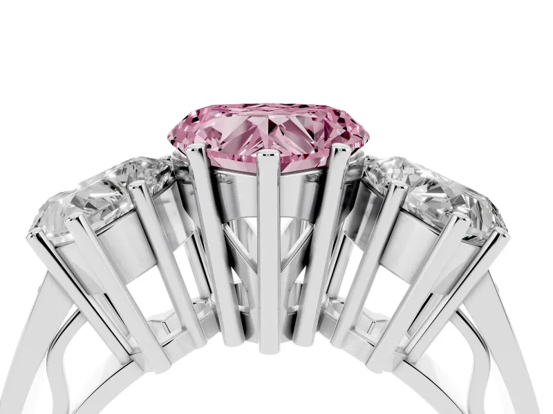 Heart-Shaped Three Stone Engagement Ring Setting for a Fancy Pink Lab-Grown Diamond | Beaded Shoulders | Sterling Silver