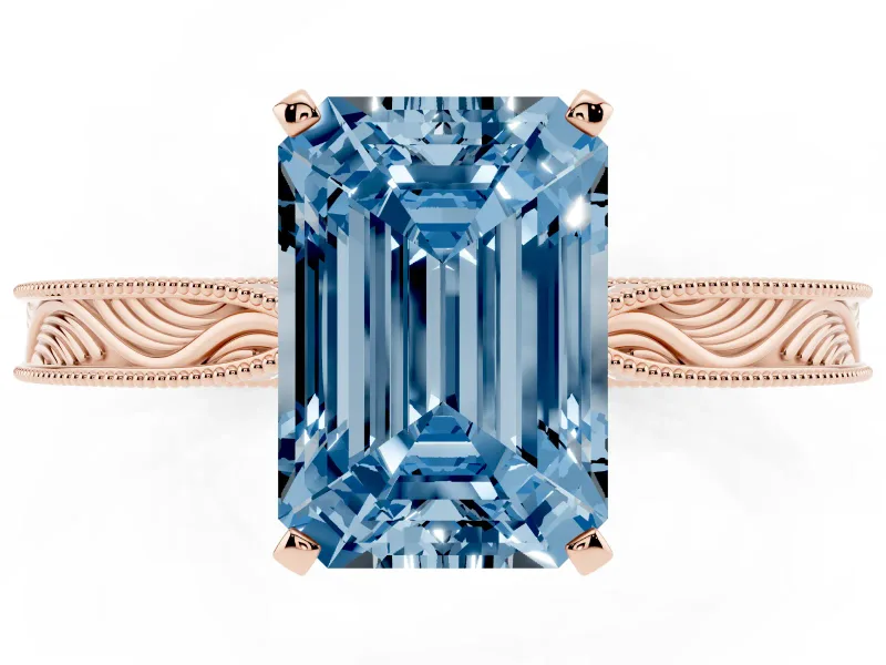 Fancy Blue Emerald Cut Diamond Solitaire Milgrain Engraved Band Set in Rose gold with Prong Setting