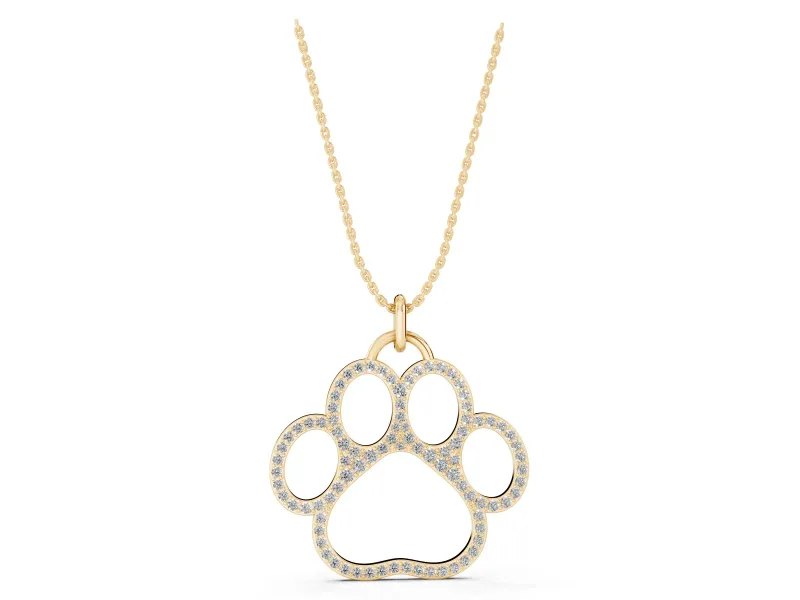 Round Lab-Grown Diamond Pavé Paw Print Pendant Necklace | Open Outline | Yellow Gold