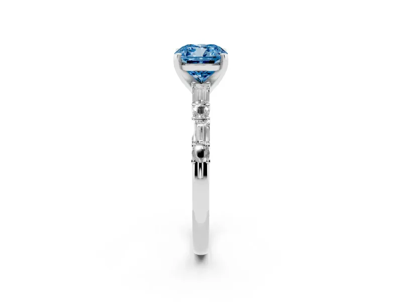 Fancy Blue Cushion Cut Diamond Solitaire Set in White gold with Side Baguettes and Channel Set Band