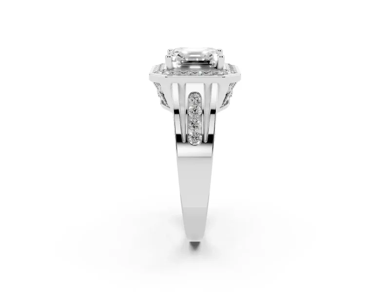 Asscher Cut Vintage Halo Engagement Ring Setting | Channel-Set Split Shank | White Gold