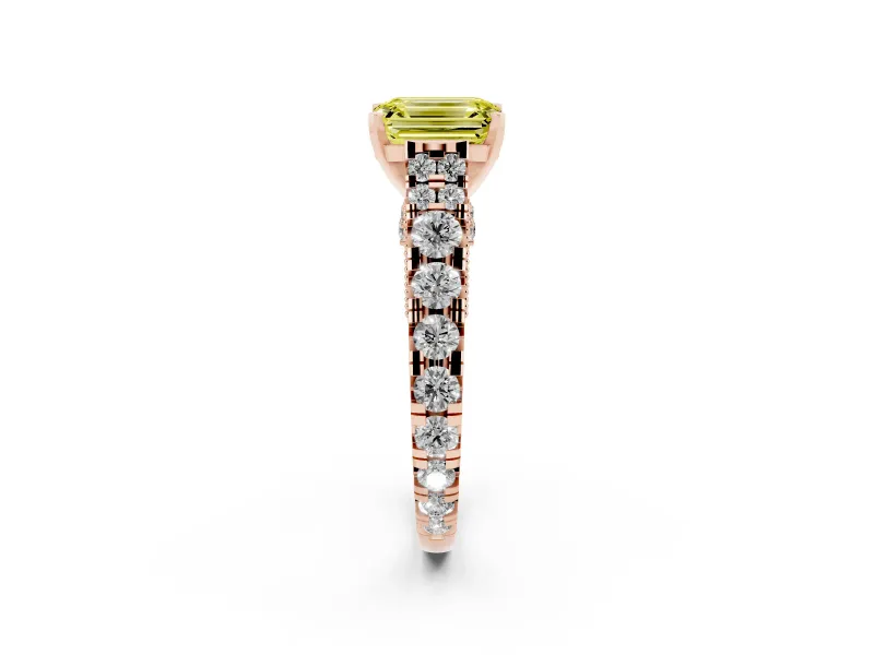 Fancy Yellow Emerald Cut Diamond Classic Solitaire Ring Set in Rose gold with Pavé Band and Prong Setting