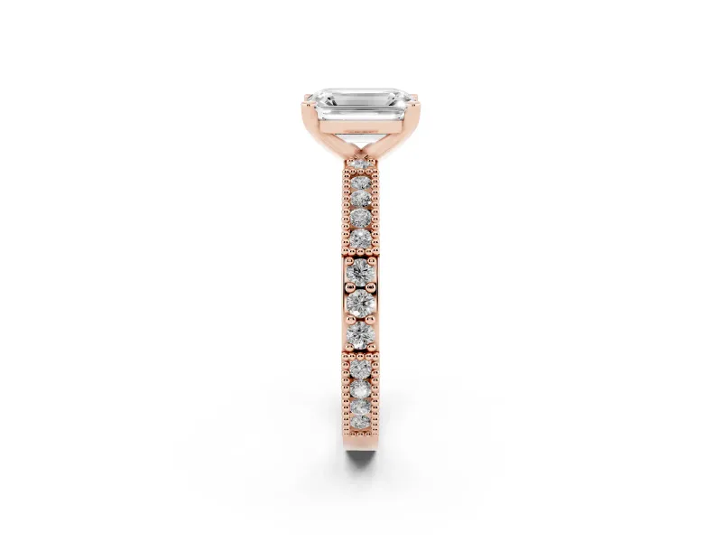 Emerald Cut Diamond Solitaire Ring Set in Rose gold with Slim Pavé Band and Prong Setting