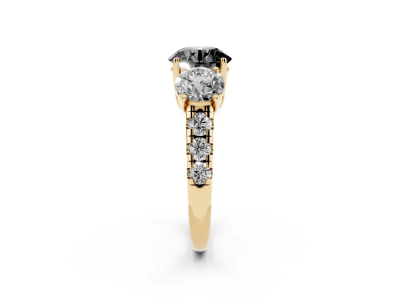 Round Three Stone Engagement Ring Setting for a Black Center | Accented Shoulders | Yellow Gold