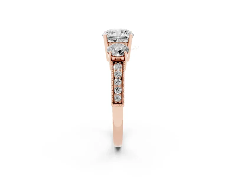 Cushion Cut Vintage Three Stone Engagement Ring Setting | Graduated Milgrain Pave | Rose Gold