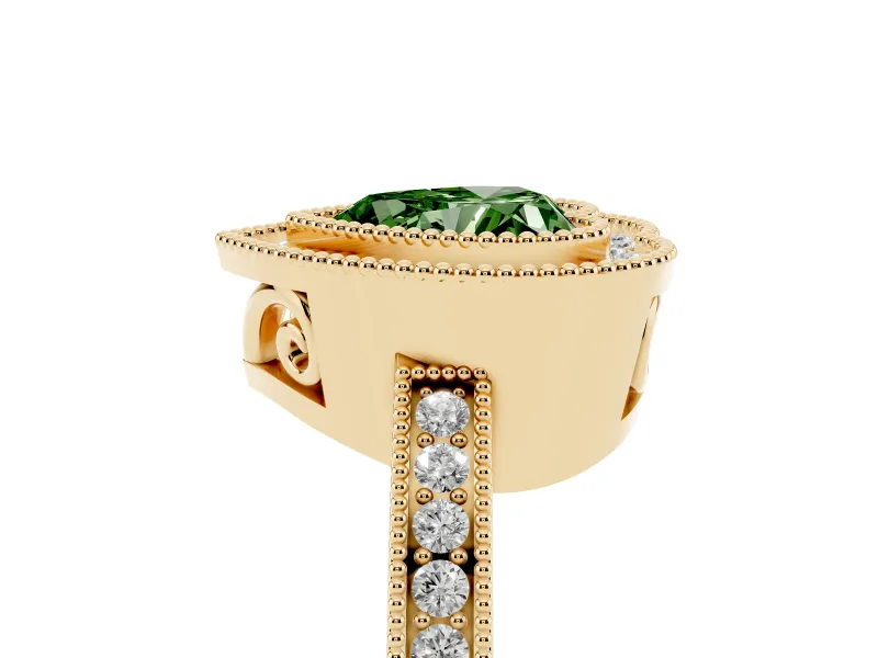 Fancy Green Heart Cut Diamond Halo Ring Set in Yellow gold with Pavé Band and Milgrain-Edged Prongs