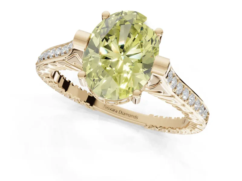 Oval Vintage Cathedral Engagement Ring Setting for a Fancy Yellow Lab-Grown Diamond | Carved Band | Yellow Gold