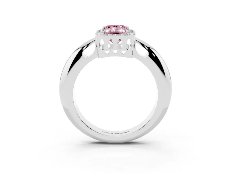 Fancy Pink Emerald Cut Diamond Halo Engagement Ring Set in Silver with Plain Split Shank and Prong Setting