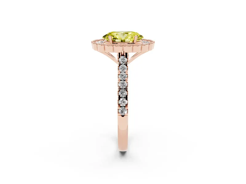 Fancy Yellow Oval Cut Diamond Milgrain Floral Halo Engagement Ring Set in Rose gold with Pavé Band