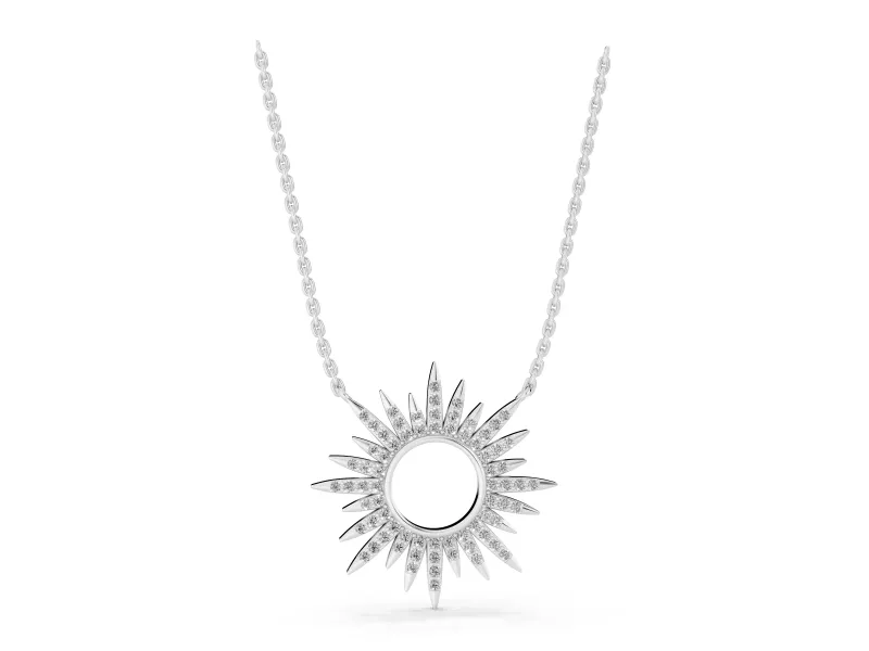 Round Lab-Grown Diamond Pavé Sunburst Pendant Necklace | Open Circle | White Gold