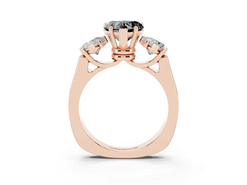 Heart-Shaped Three Stone Engagement Ring Setting for a Black Center | Plain Squared Band | Rose Gold