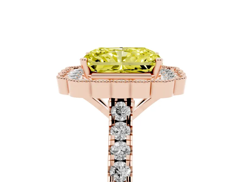 Fancy Yellow Radiant Cut Diamond Milgrain Floral Halo Engagement Ring Set in Rose gold with Pavé Band