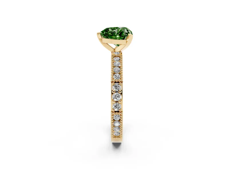 Fancy Green Heart Cut Diamond Solitaire Ring Set in Yellow gold with Slim Pavé Band and Prong Setting