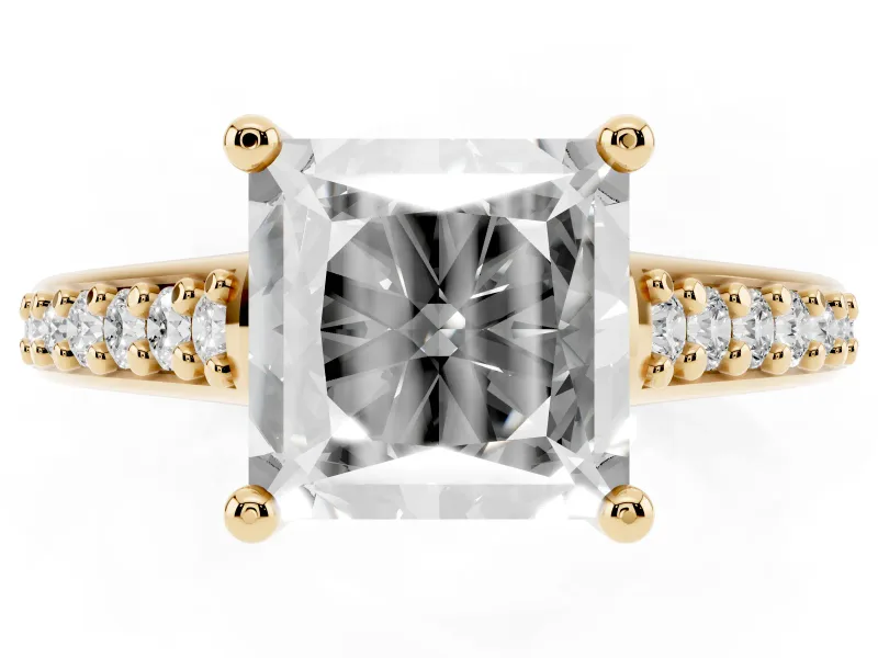 Princess Cut Graduated Pave Cathedral Engagement Ring Setting | Scroll Cut-Outs | Yellow Gold