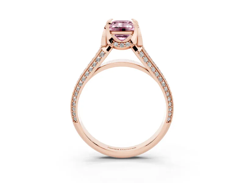 Emerald Cut Hidden Halo Engagement Ring Setting for a Fancy Pink Lab-Grown Diamond | Triple Row Pavé Band | Rose Gold