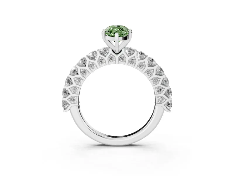 Fancy Green Marquise Cut Diamond Solitaire Ring Set in White gold with Shared Prong Pavé Band
