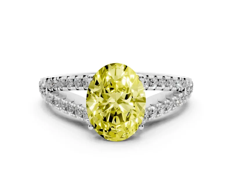 Fancy Yellow Oval Cut Diamond Split Shank Pavé Engagement Ring Set in Silver with Prong-Held Center Stone