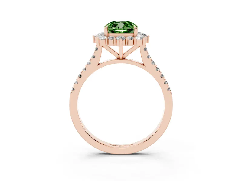 Cushion Cut Scalloped Halo Engagement Ring Setting for a Fancy Green Lab-Grown Diamond | Single Row Pave | Rose Gold