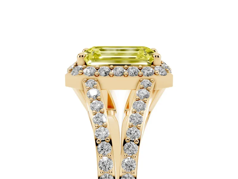 Emerald Cut Halo Engagement Ring Setting for a Fancy Yellow Lab-Grown Diamond | V-Split Pavé Band | Yellow Gold