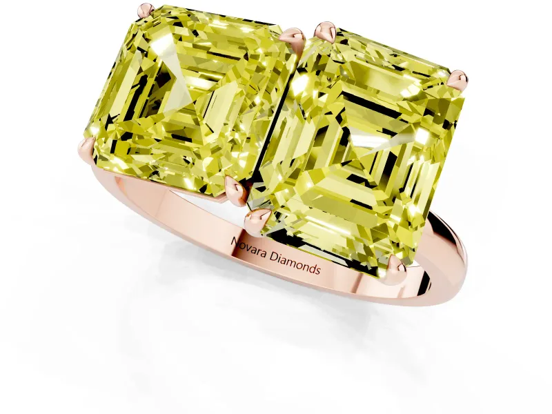 Fancy Yellow Asscher Cut and Emerald Cut Toi Moi Ring Set in Rose gold with Prong Setting