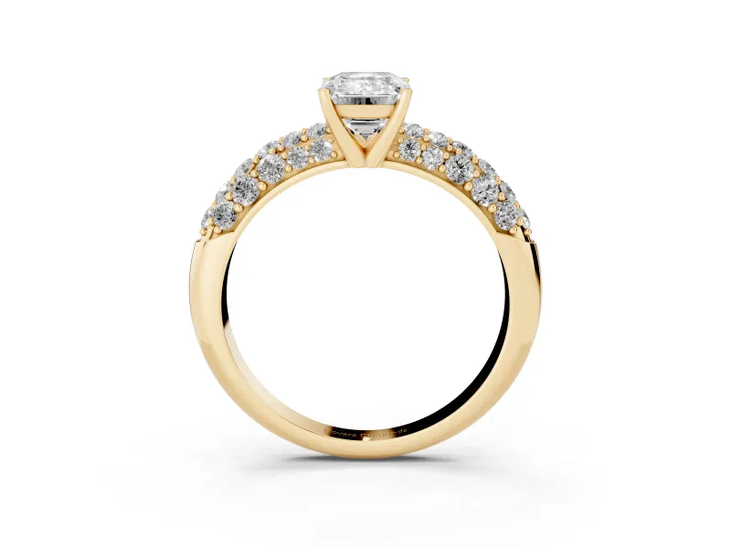 Emerald Cut Multi Row Pave Solitaire Engagement Ring Setting | Domed Shoulders | Yellow Gold
