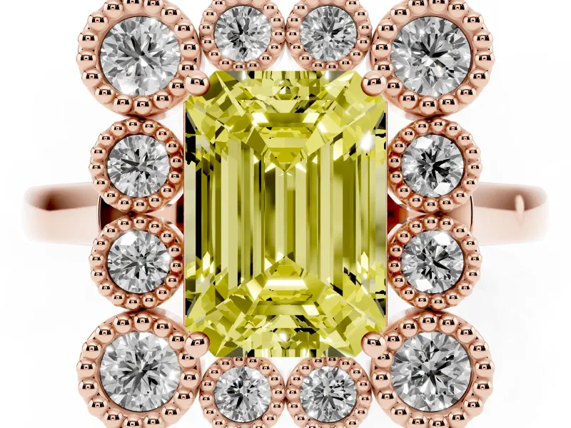Emerald Cut Milgrain Cluster Halo Engagement Ring Setting for a Fancy Yellow Lab-Grown Diamond | Plain Band | Rose Gold