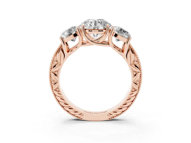 Round Vintage Three Stone Engagement Ring Setting | Milgrain Pavé Band | Rose Gold