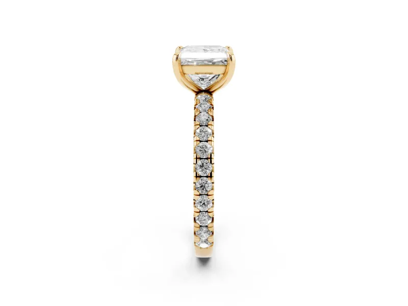 Princess Cut Diamond Pavé Solitaire Ring Set in Yellow gold with Round Band and Prong Setting