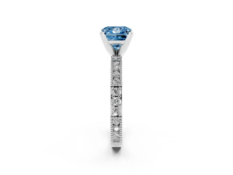 Fancy Blue Princess Cut Diamond Solitaire Ring Set in Silver with Slim Pavé Band and Prong Setting