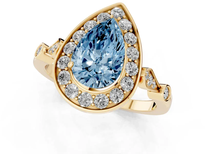 Pear-Shaped Halo Engagement Ring Setting for a Fancy Blue Lab-Grown Diamond | Bezel Station Shoulders | Yellow Gold