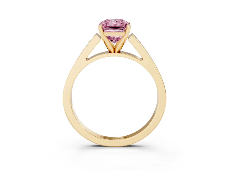 Fancy Pink Radiant Cut Diamond Solitaire Engagement Ring Set in Yellow gold with Prong Setting and Tapered Band