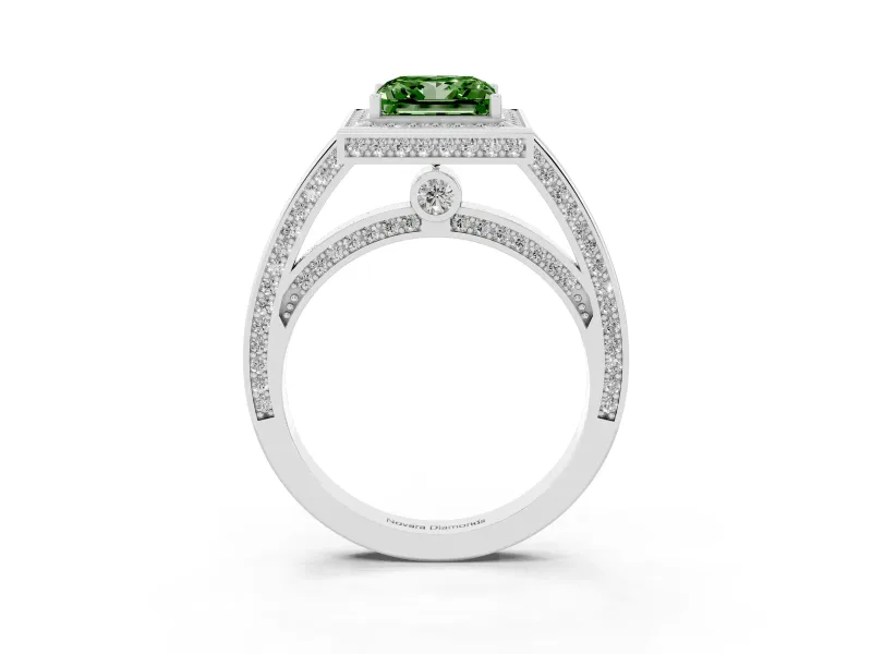 Fancy Green Princess Cut Diamond Halo Pavé Split Shank Ring Set in Platinum with Prong Setting