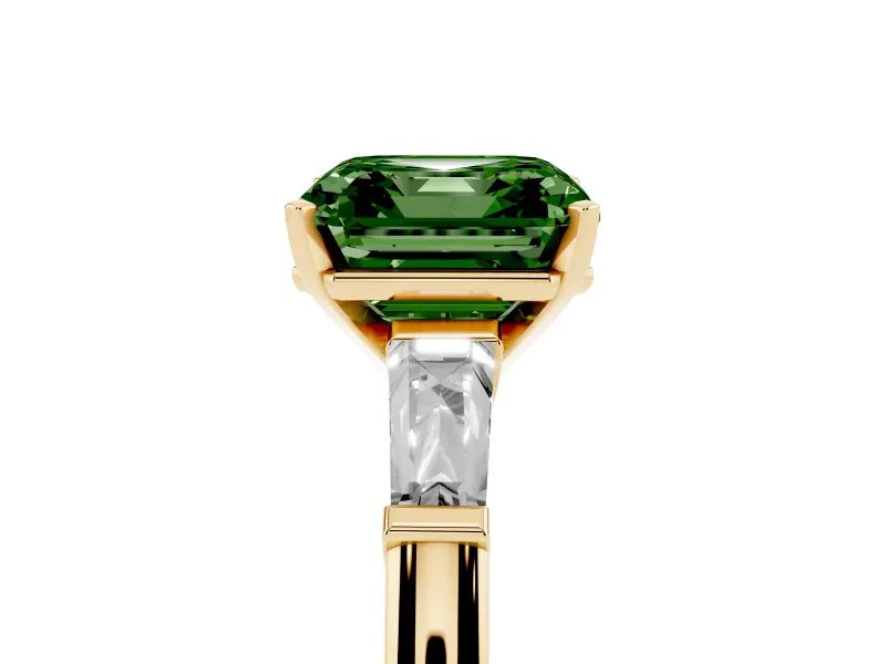 Asscher Cut Three Stone Engagement Ring Setting for a Fancy Green Lab-Grown Diamond | Tapered Baguettes | Yellow Gold