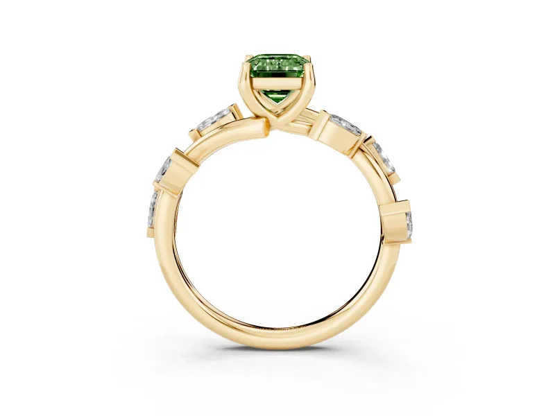 Fancy Green Emerald Cut Diamond Solitaire Ring Set in Yellow gold with Twisted Marquise Accent Band