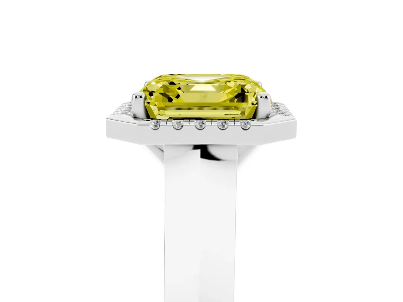 Fancy Yellow Asscher Cut Diamond Halo Ring Set in White gold with Cathedral Band and Prong Setting